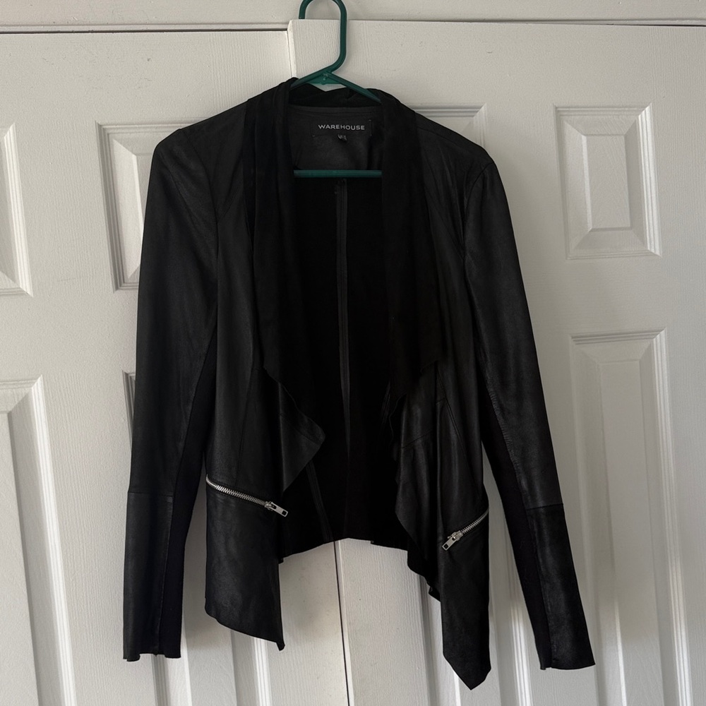 Warehouse Black Draped Leather Jacket